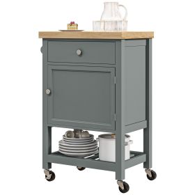 Kitchen Island Cart on Wheels, Gray, Rolling Kitchen Cart with Rubberwood Top, Drawer, Wine Rack, Cabinet