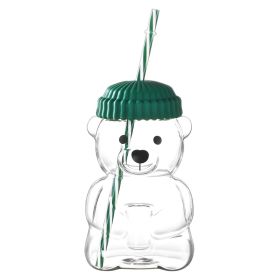1 PCS 20 OZ Green Little Bear Glass Straw Cup High Borosilicate Heat-resistant Glass Cup For Juice, Milk and Cold drinks