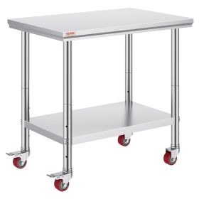 VEVOR Stainless Steel Work Table 35 x 24 x 33 Inch, 700 LBS Load Capacity with 4 Wheels, 3 Adjustable Height Levels