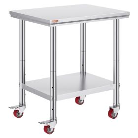 VEVOR Stainless Steel Work Table 30 x 24 x 33 Inch, 700 LBS Load Capacity with 4 Wheels, 3 Adjustable Height Levels