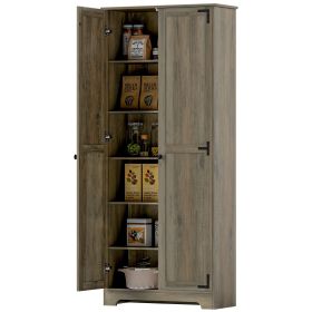 72" Farmhouse Pantry Cabinet, Freestanding Food Pantry Cabinet with Adjustable Shelves, Distressed Gray