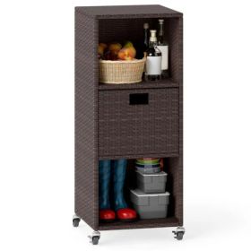 Mix Brown PE Rattan Outdoor Storage Cabinet, 3-Shelf With Removable Drawer & Lockable Wheels (Option: Defaulttitle)