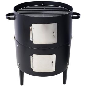 17 Inch Steel Charcoal Smoker, Heavy Duty Round Grill For Outdoor Cooking, Black (Option: Black)